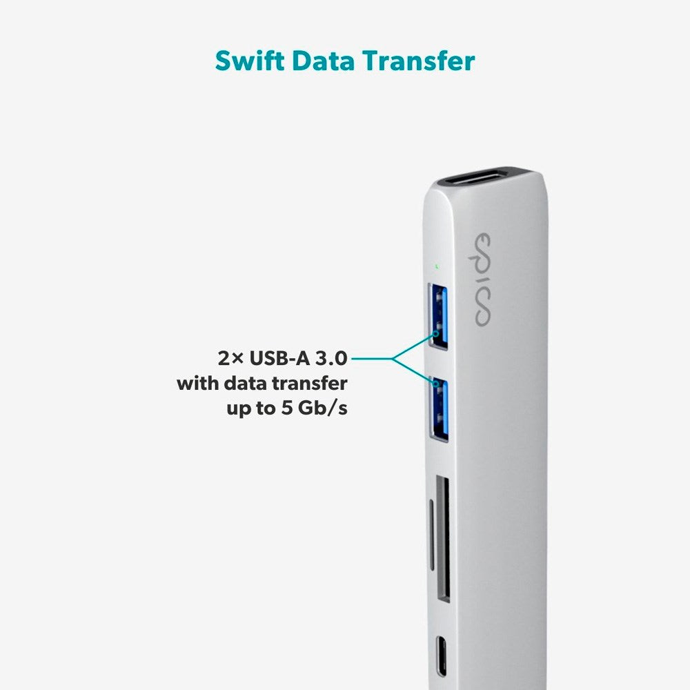 Epico 6-in-1 USB-C Adapter – Aluminium Design with 8K Resolution - Silver