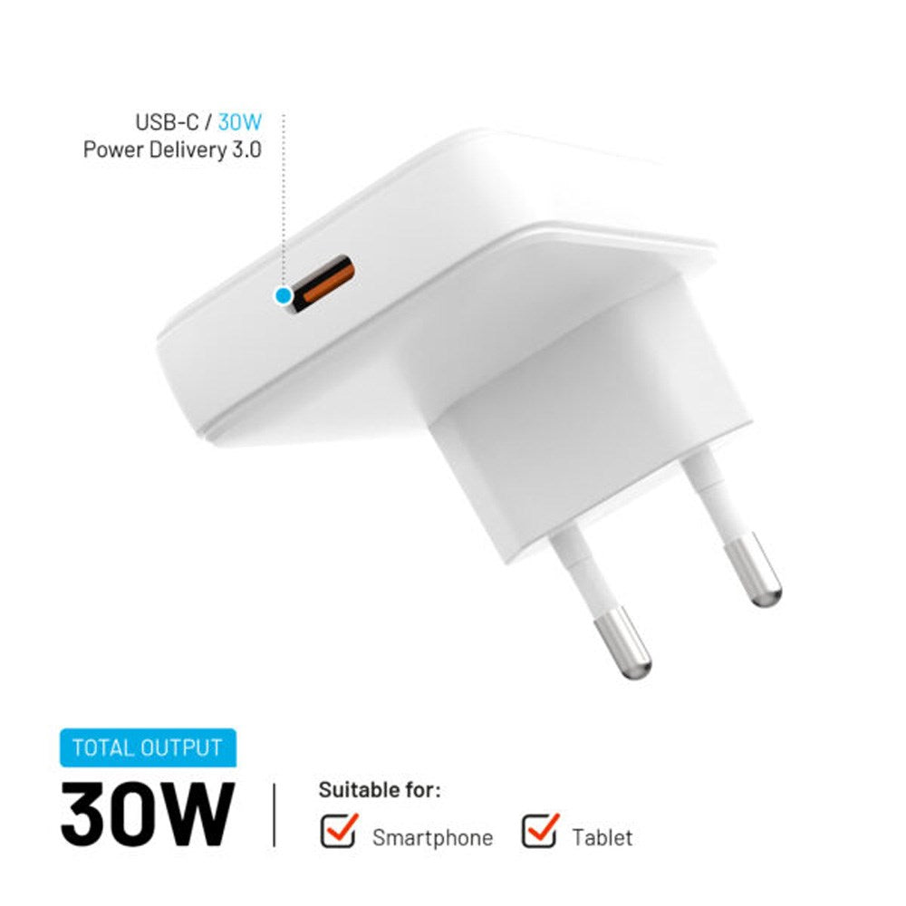 FIXED Slim 30W USB-C - GaN Charger - Angled - White