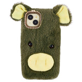 iPhone 15 Flexible Plastic Back Cover w. Fur - Pig - Green / Yellow