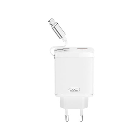 XO 30W Wall Charger 1 x USB-C 1 x USB-A with Retractable USB-C Cable - White