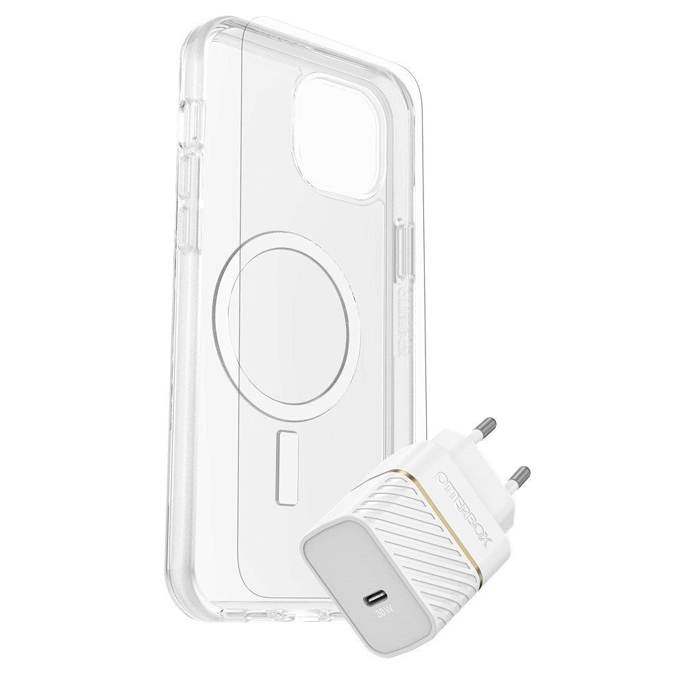 OtterBox iPhone 15 Plus Protection + Power Kit - MagSafe Case, Screen Protection & 20W Wall Charger - Transparent / White