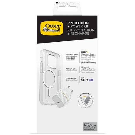 OtterBox iPhone 15 Plus Protection + Power Kit - MagSafe Case, Screen Protection & 20W Wall Charger - Transparent / White