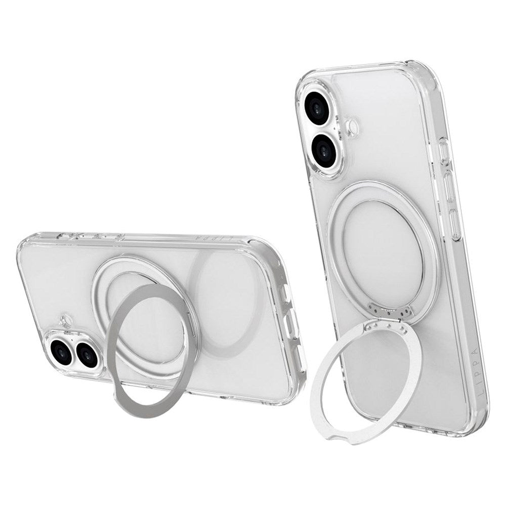 iPhone 17 Lippa Hybrid Plastic Case with 360 Rotating Kickstand - MagSafe Compatible - Transparent / Silver
