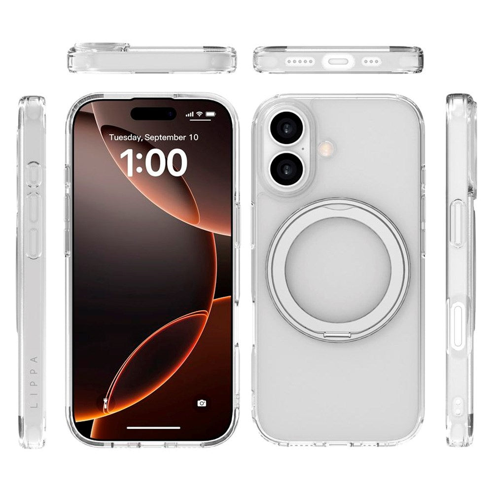 iPhone 17 Lippa Hybrid Plastic Case with 360 Rotating Kickstand - MagSafe Compatible - Transparent / Silver