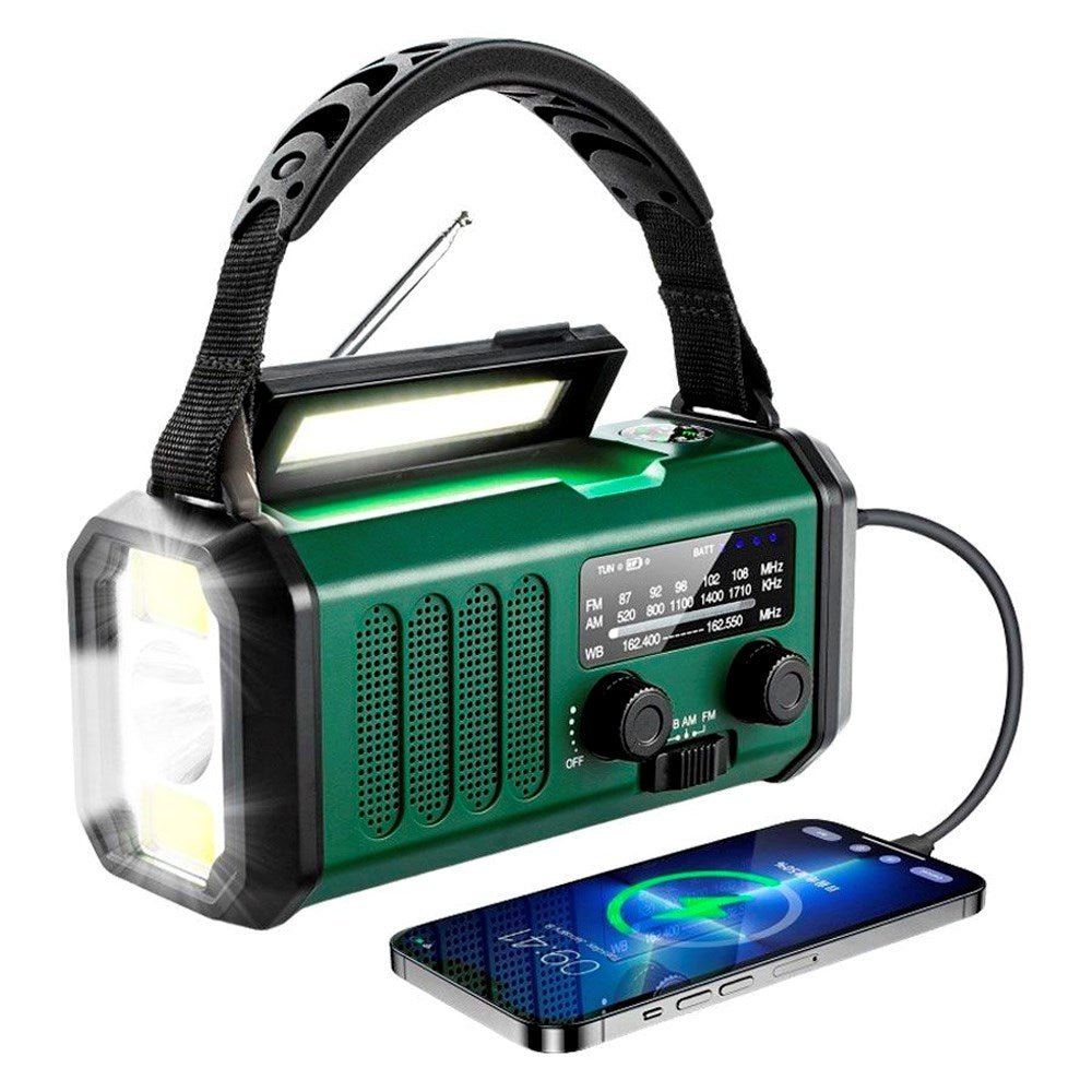 Lippa FM Emergency Radio - Hand Crank, Solar Panel, Compass, 10.000 mAh Powerbank - Green