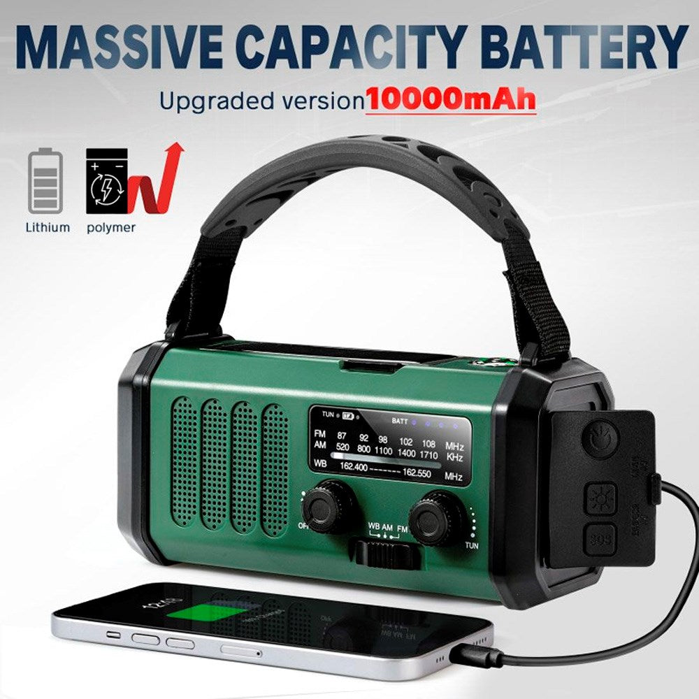 Lippa FM Emergency Radio - Hand Crank, Solar Panel, Compass, 10.000 mAh Powerbank - Green