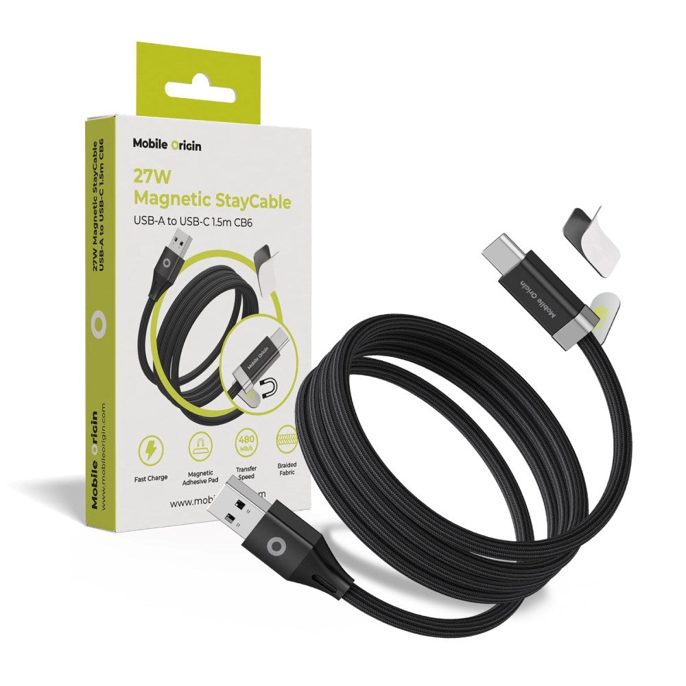 Magnetic USB-C to USB-A Cable Mobile Origin 27W with 2x Self-Adhesive Magnetic Pads - 1.5m - Black