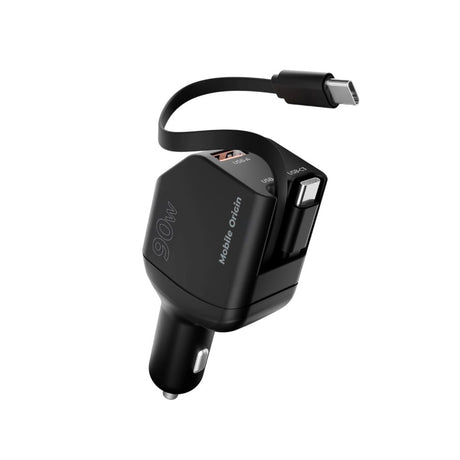 4-in-1 Car Charger 90W Mobile Origin with USB-C + USB-A and 2x Retractable USB-C Cable – Black