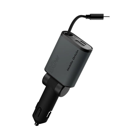 3-in-1 Car Charger 50W Mobile Origin with USB-C + USB-A and Retractable USB-C Cable – Grey