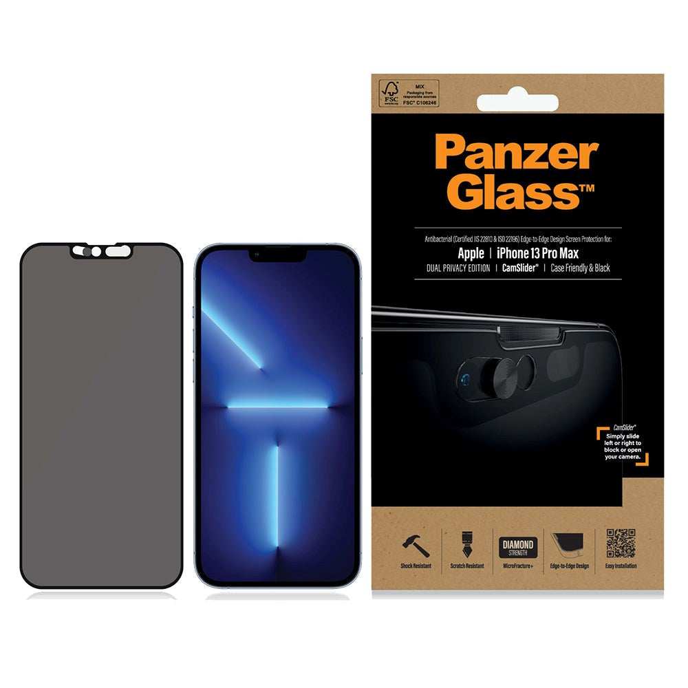 iPhone 13 Pro Max PanzerGlass Antibacterial Screen Protector - Dual Privacy- Case Friendly - Black