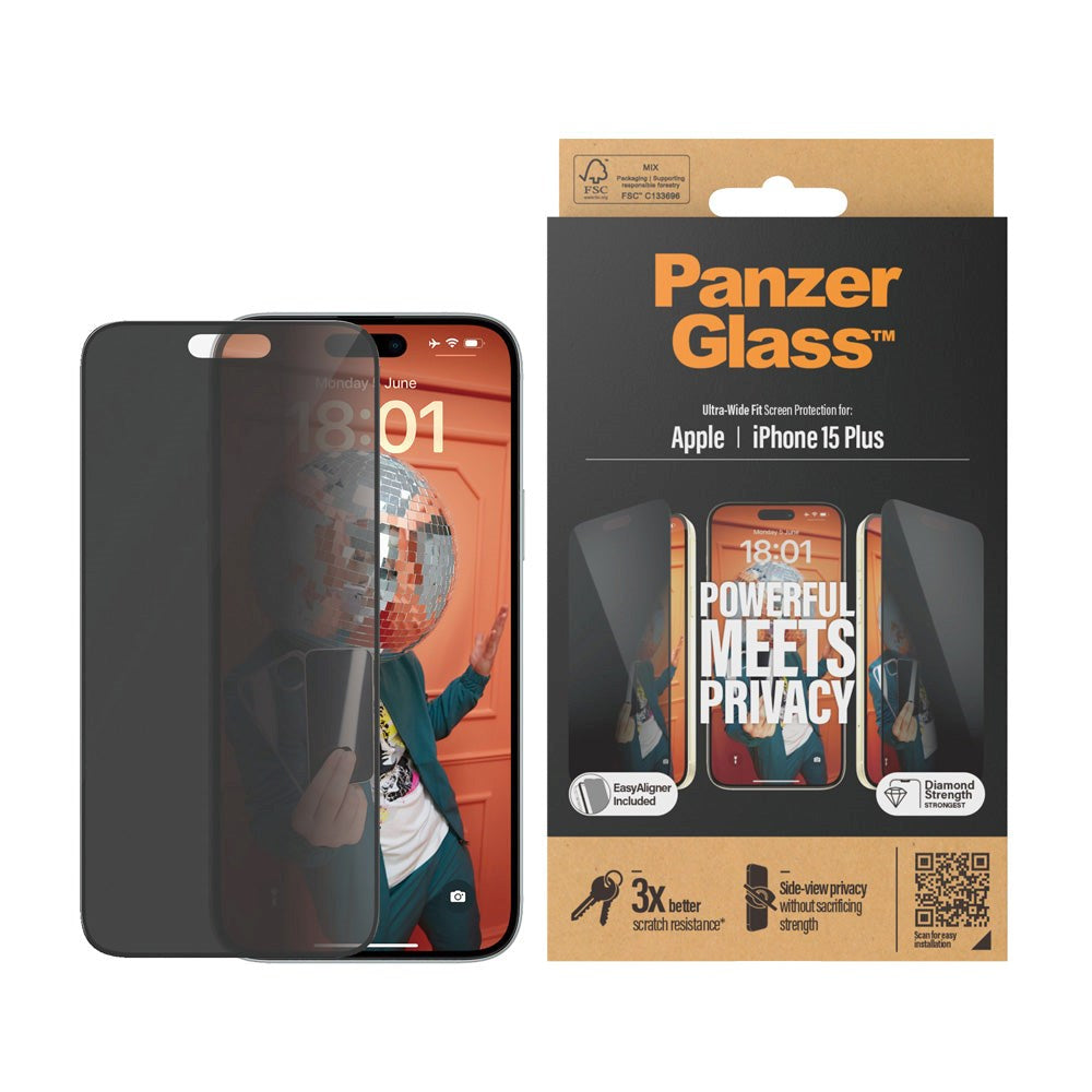 iPhone 15 Plus PanzerGlass Ultra Wide Fit Screen Protector w. EasyAligner - Privacy - Diamond Strength - Transparent / Black Edge