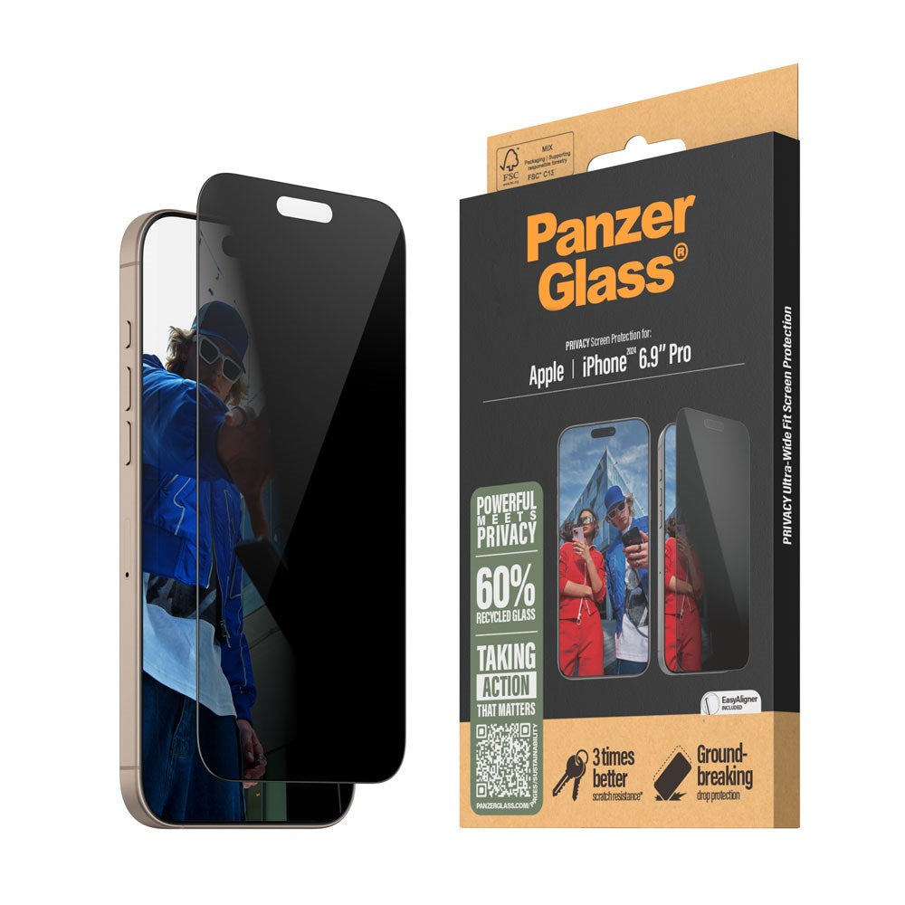 iPhone 16 Pro Max PanzerGlass Ultra Wide Fit Screen Protector w. EasyAligner - Privacy - Diamond Strength - Transparent / Black Edge