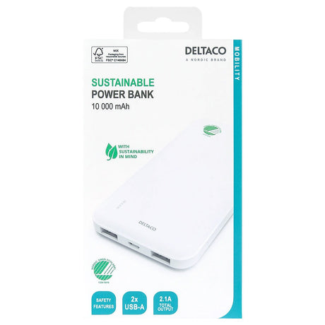 Deltaco 10.5W PowerBank with Nordic Swan Ecolabel 10,000 mAh - 2 x USB-A & Charging cable - White