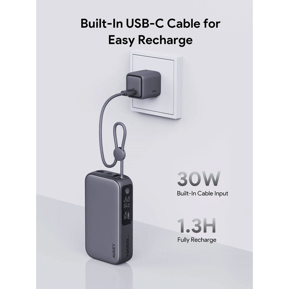 Aukey Spark Sling Powerbank with Built-in USB-C Cable & Display - 10,000mAh - 30W - 1 x USB-C - 1 x USB-A - Grey