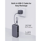 Aukey Spark Sling Powerbank with Built-in USB-C Cable & Display - 10,000mAh - 30W - 1 x USB-C - 1 x USB-A - Grey