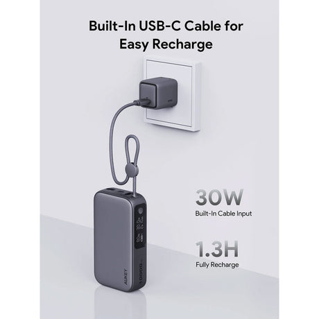 Aukey Spark Sling Powerbank with Built-in USB-C Cable & Display - 10,000mAh - 30W - 1 x USB-C - 1 x USB-A - Grey