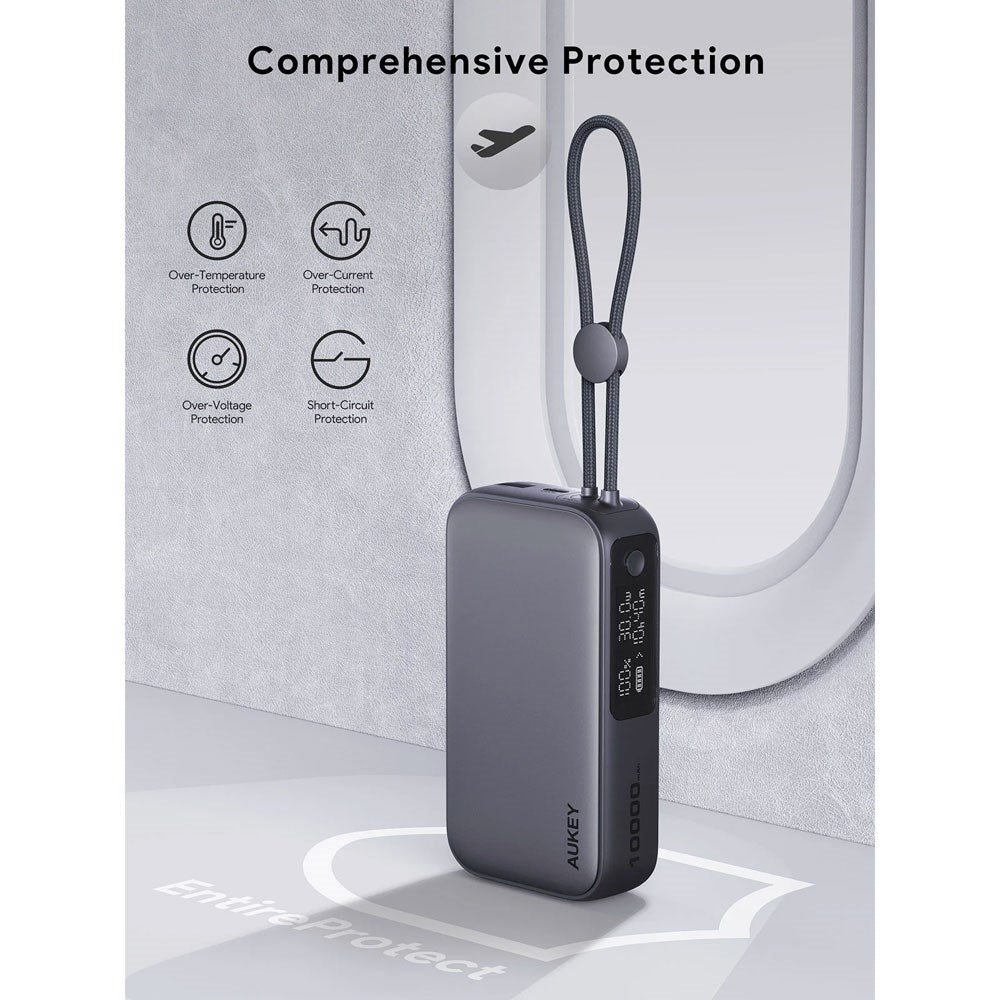Aukey Spark Sling Powerbank with Built-in USB-C Cable & Display - 10,000mAh - 30W - 1 x USB-C - 1 x USB-A - Grey