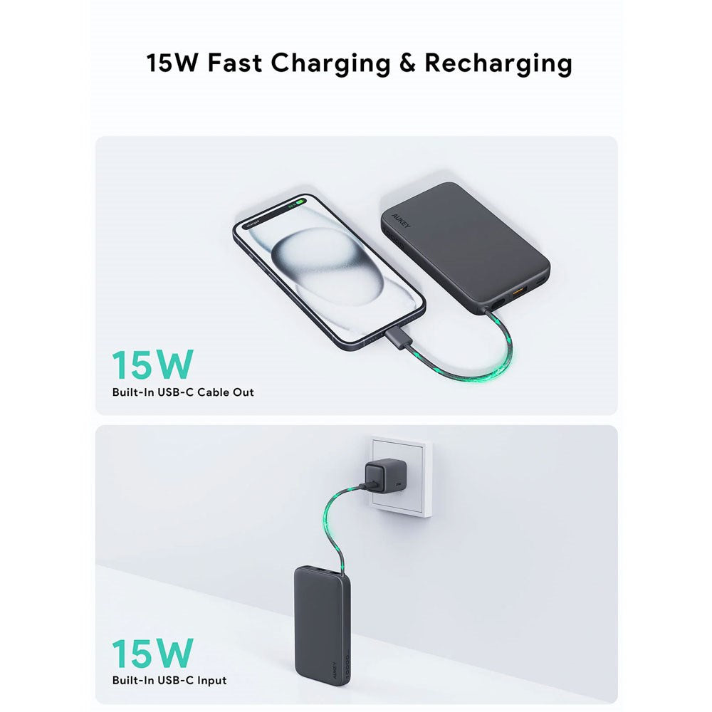 Aukey Spark Sling Powerbank with Built-in USB-C Cable - 10,000mAh - 20W - 1 x USB-C - 1 x USB-A - Grey