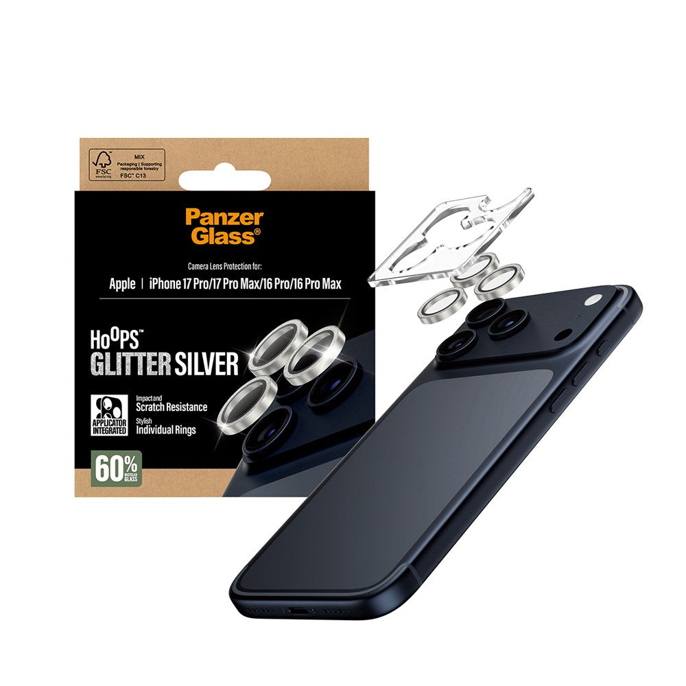 PanzerGlass iPhone 17 Pro / 17 Pro Max / 16 Pro / 16 Pro Max Hoops Camera Lens Protection with Installation Frame - Glitter Silver