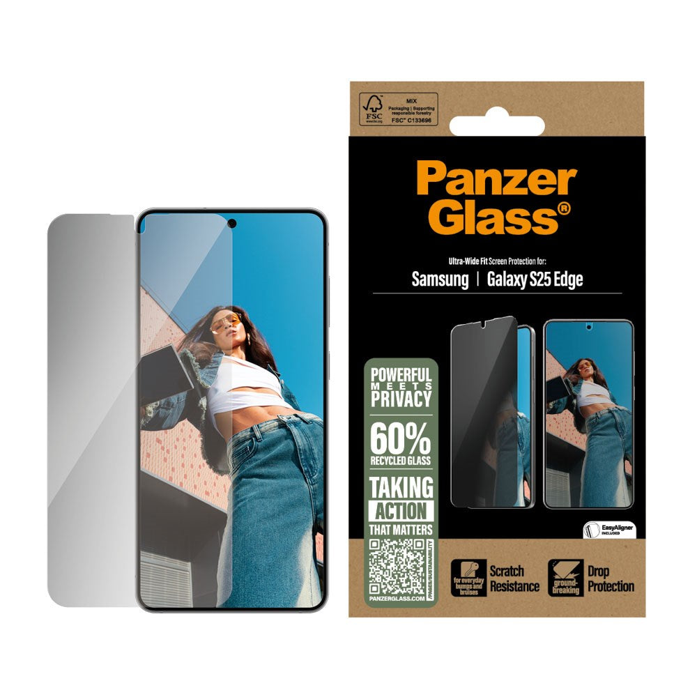 Samsung Galaxy S25 Edge PanzerGlass Ultra Wide Fit Screen Protector w. EasyAligner - Privacy - Transparent