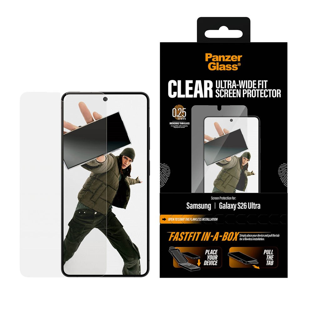 Samsung Galaxy S26 Ultra PanzerGlass Screen Protector Glass with FastFit In-A-Box - Ultra Wide Fit - Transparent