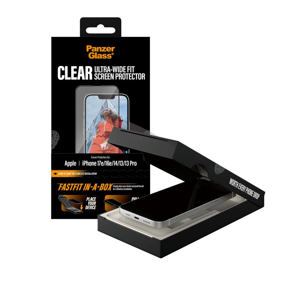 iPhone 17e / 16e / 14 / 13 / 13 Pro PanzerGlass Screen Protector Glass with FastFit In-A-Box - Ultra Wide Fit - Transparent