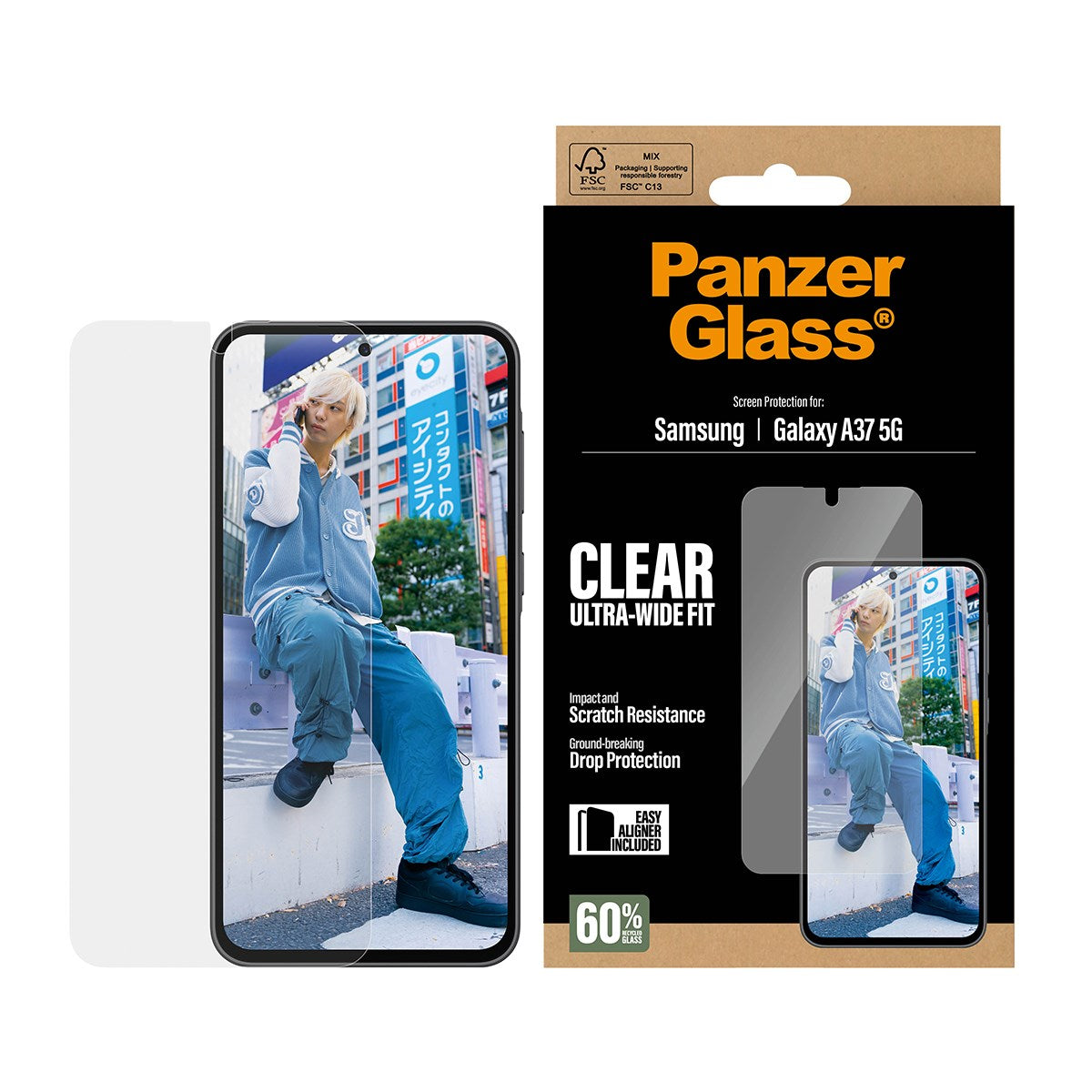 Samsung Galaxy A37 PanzerGlass Screen Protector Glass - Ultra Wide Fit with EasyAligner - Transparent