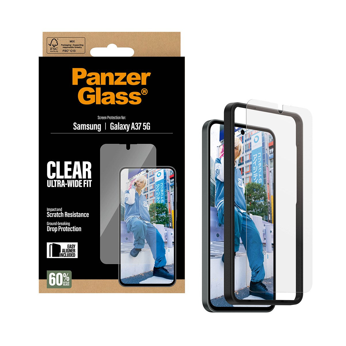 Samsung Galaxy A37 PanzerGlass Screen Protector Glass - Ultra Wide Fit with EasyAligner - Transparent