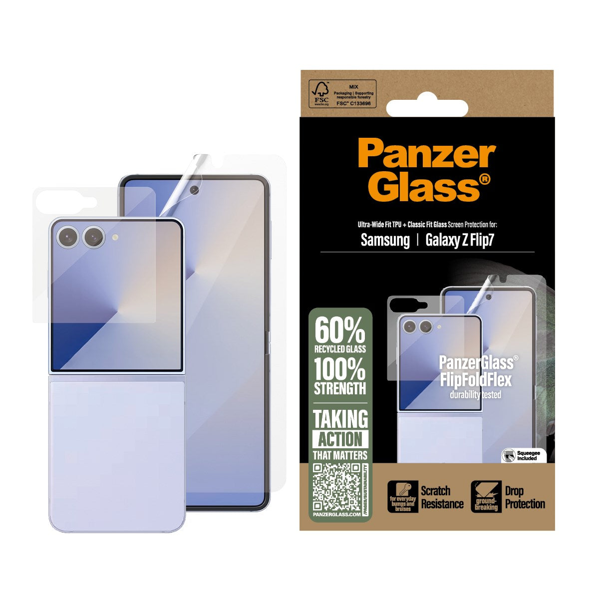Samsung Galaxy Z Flip7 PanzerGlass FlipFoldFlex Ultra Wide Fit Film & Classic Fit Glass - Transparent