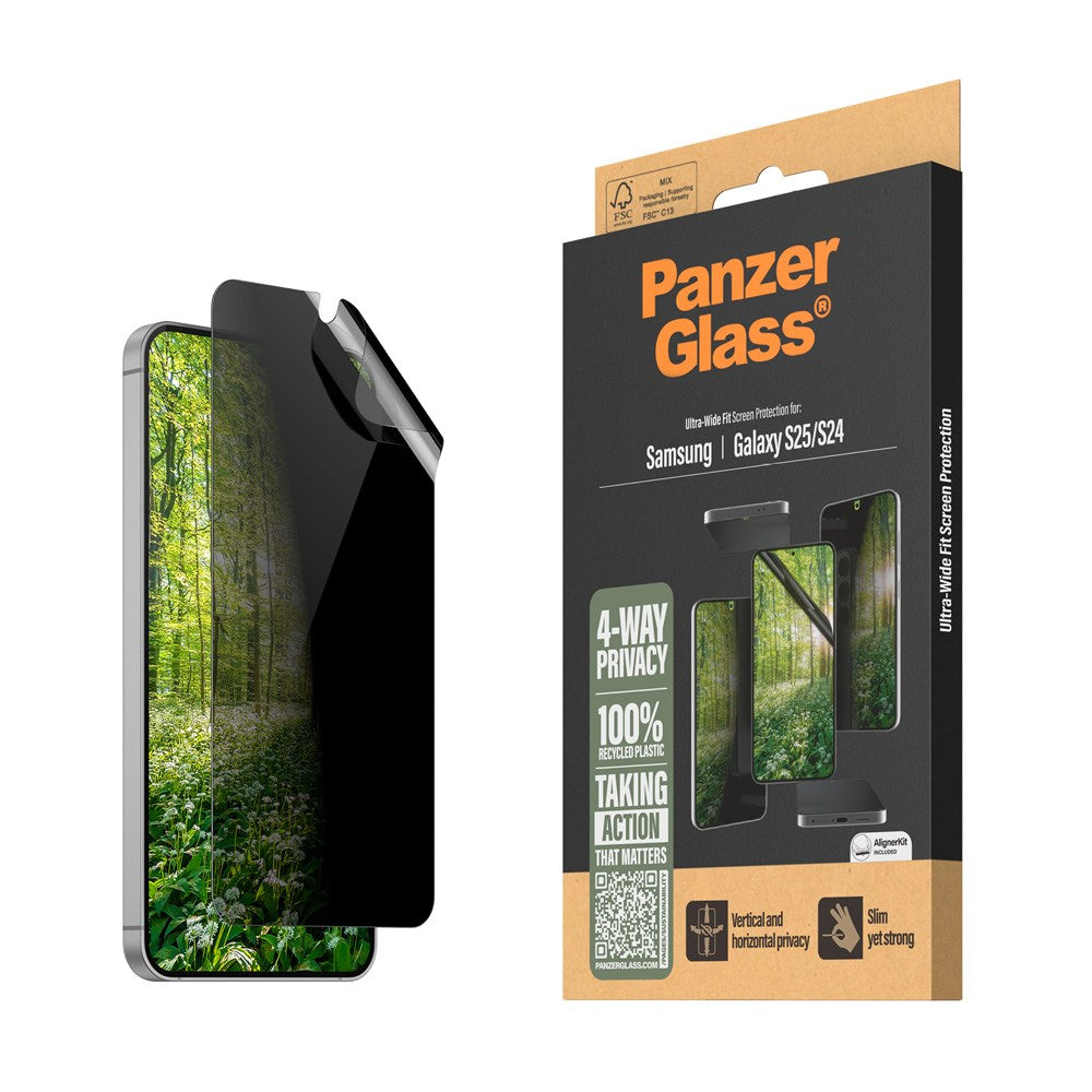 Samsung Galaxy S25 PanzerGlass Eco Matrix 4-Way Privacy Screen Protector Ultra Wide Fit - Aligner Kit - Platinum Strength - Transparent