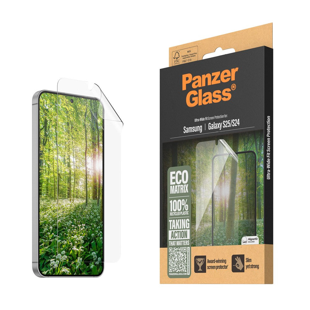 Samsung Galaxy S25 PanzerGlass Eco Matrix Screen Protector Ultra Wide Fit - Aligner Kit - Platinum Strength - Transparent