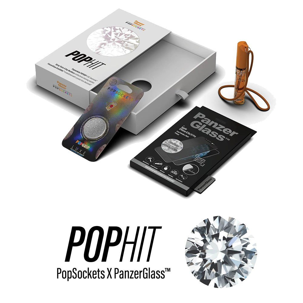 iPhone 12 / 12 Pro PanzerGlass PopHit Bundle w. Screen Protector, PopSocket & Spray - Swarovski Stone