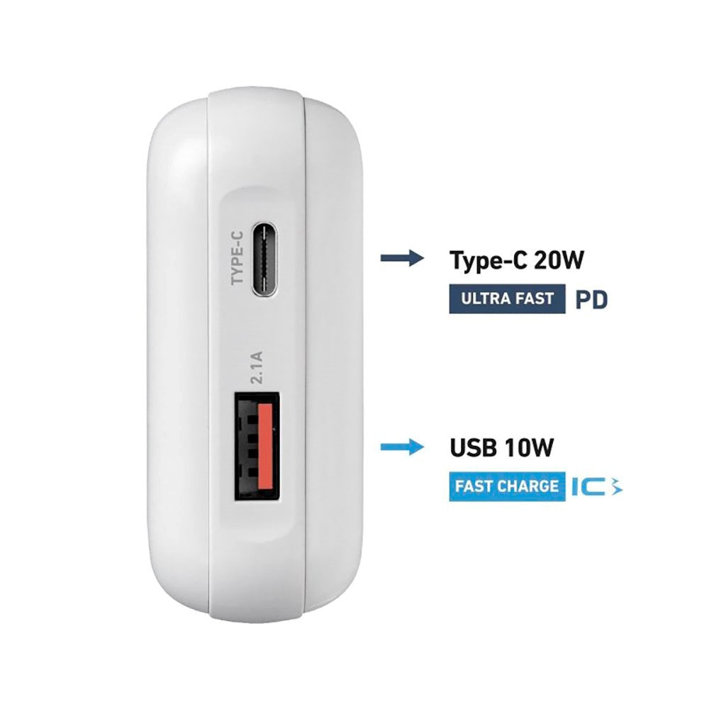 SBS T-BOX 20W Powerbank with USB-A & USB-C PD - 10.000 mAh - White