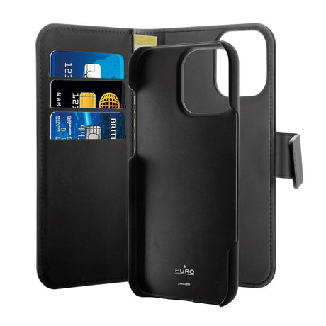 Puro Eco-Leather Case with Horizontal Flip, 3 Card Slots, and Banknote Pocket for iPhone 16 Pro Max - Black