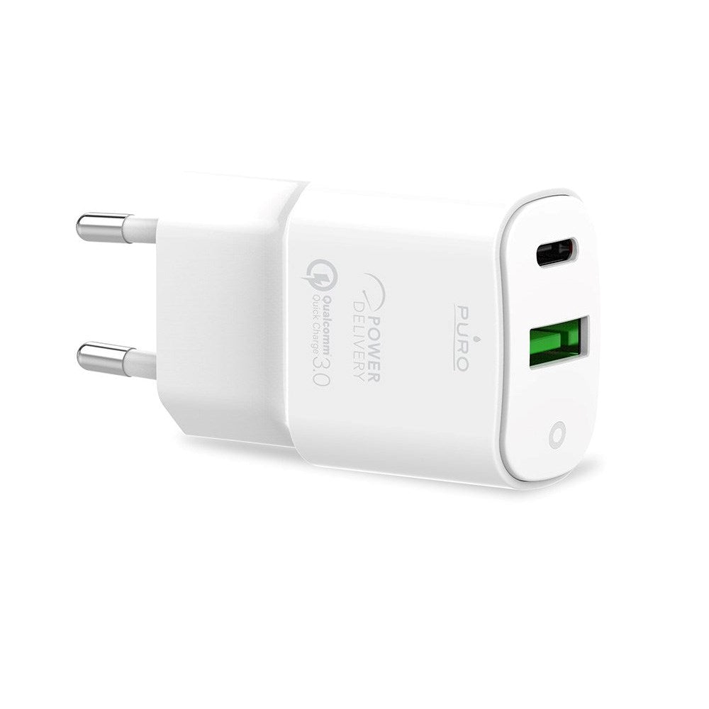 Puro PD 20W Mini Travel Wall Charger with USB-C and USB-A - White