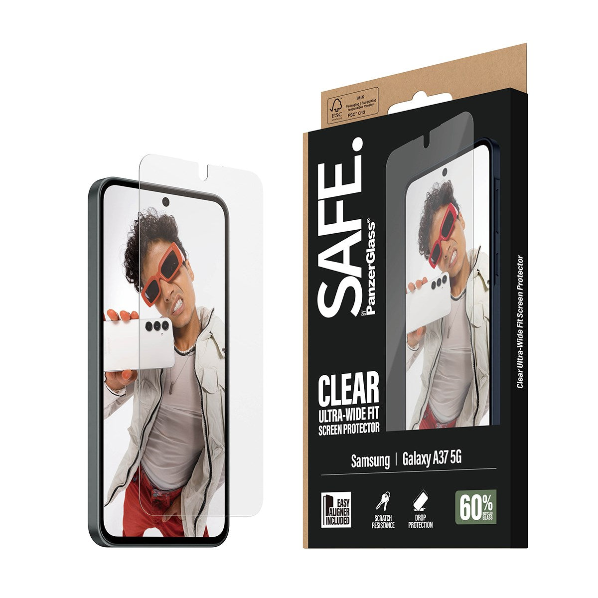 Samsung Galaxy A37 SAFE by PanzerGlass Ultra-Wide Fit Screen Protector Glass with EasyAligner - Transparent