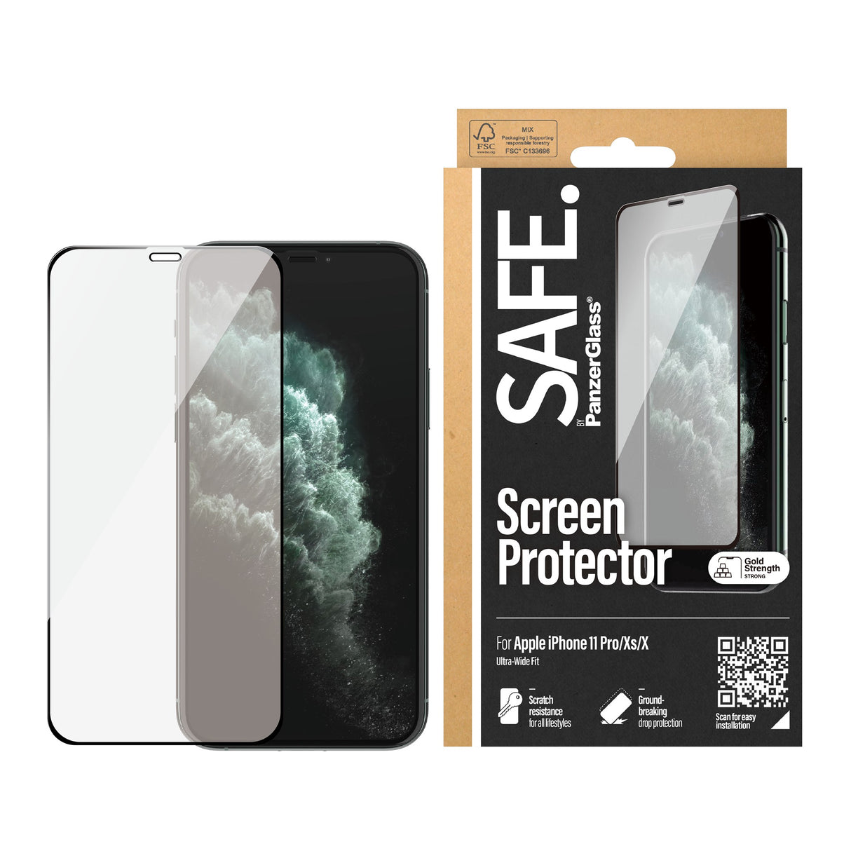 SAFE by PanzerGlass Edge-to-Edge Fit Screen Protection - iPhone X/XS/11 Pro - Transparent/Black Edge