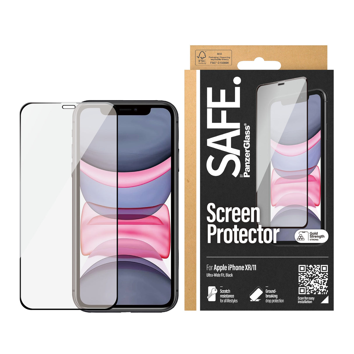 iPhone 11 / XR Safe By PanzerGlass® Edge-to-Edge Screen Protector - Case Friendly - Gold Strength - Transparent / Black Edge