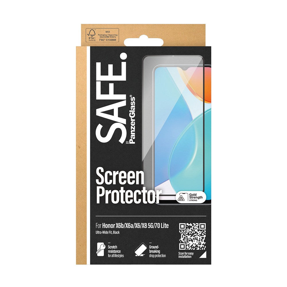 Honor X6 / X6a / X6b / X8 / 70 Lite Safe By PanzerGlass® Ultra-Wide Fit Screen Protector - Case Friendly - Gold Strength - Transparent / Black Edge