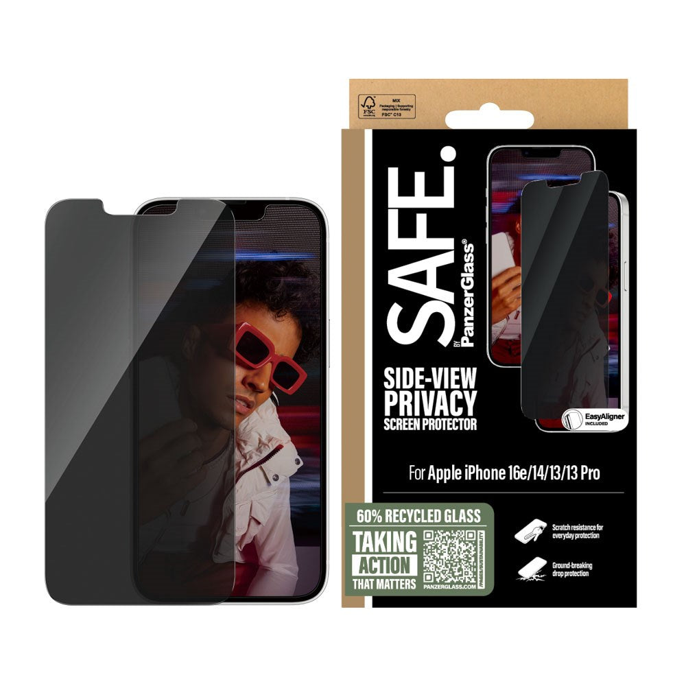 SAFE by PanzerGlass iPhone 16e / 14 / 13 / 13 Pro Ultra-Wide Fit Screen Protector Glass - Privacy Function - Transparent