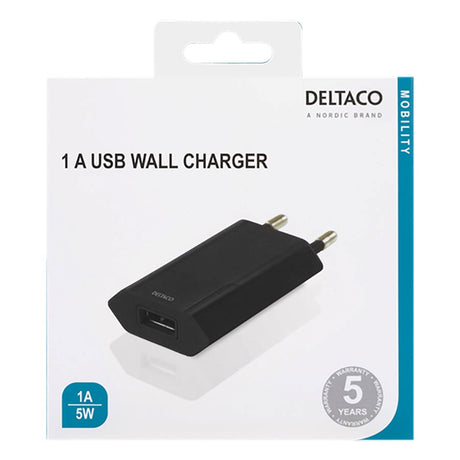 Deltaco 5V/1A 5W Wall charger w. USB-A - Black