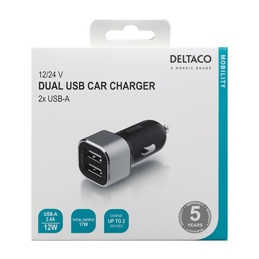 Deltaco 17W Car Charger 2 x USB-A - Black