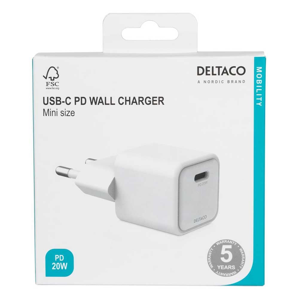 Deltaco PD 20W Mini Wall Charger w. USB-C - White