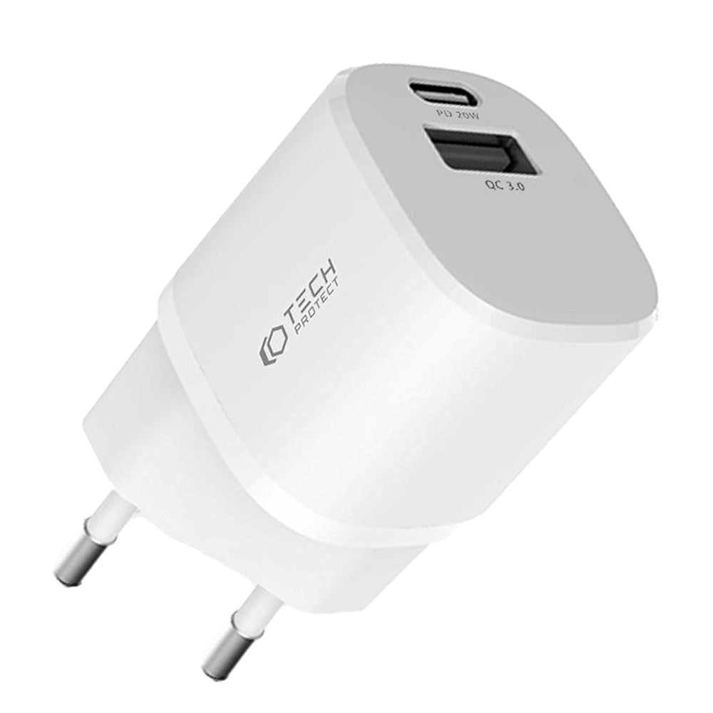 Tech-Protect Network 20W Wall charger with 1 x USB-A QC & 1 x USB-C PD - White